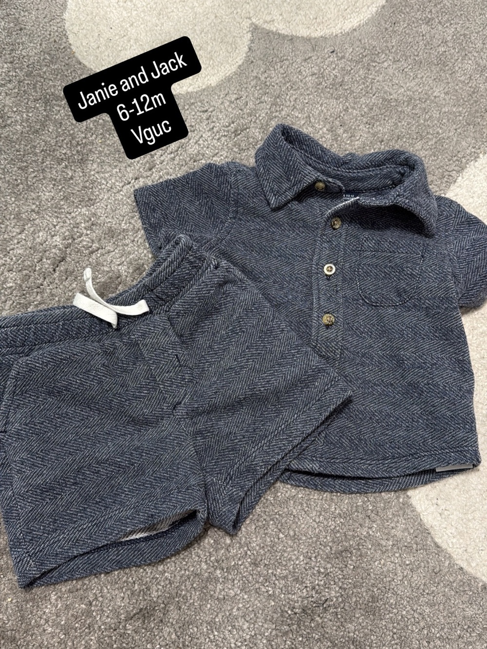 Janie and Jack Navy Herringbone Knit Button-Front Shirt Set
